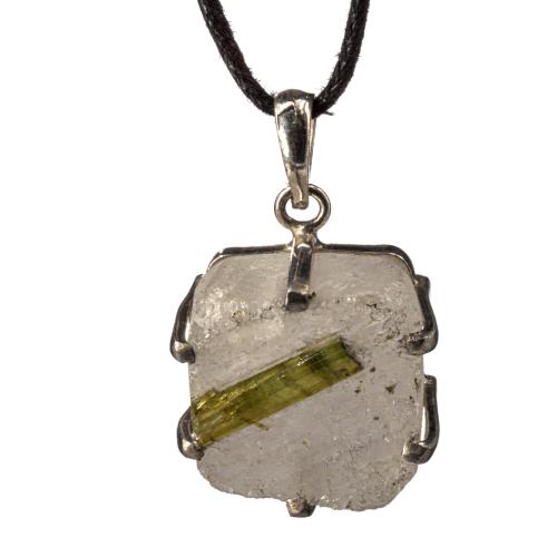 Pendentif tourmaline verte cristal brut avec quartz sur argent 925